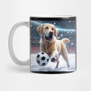 A Labrador Dog Playing Soccer/Football In The Snow Mug